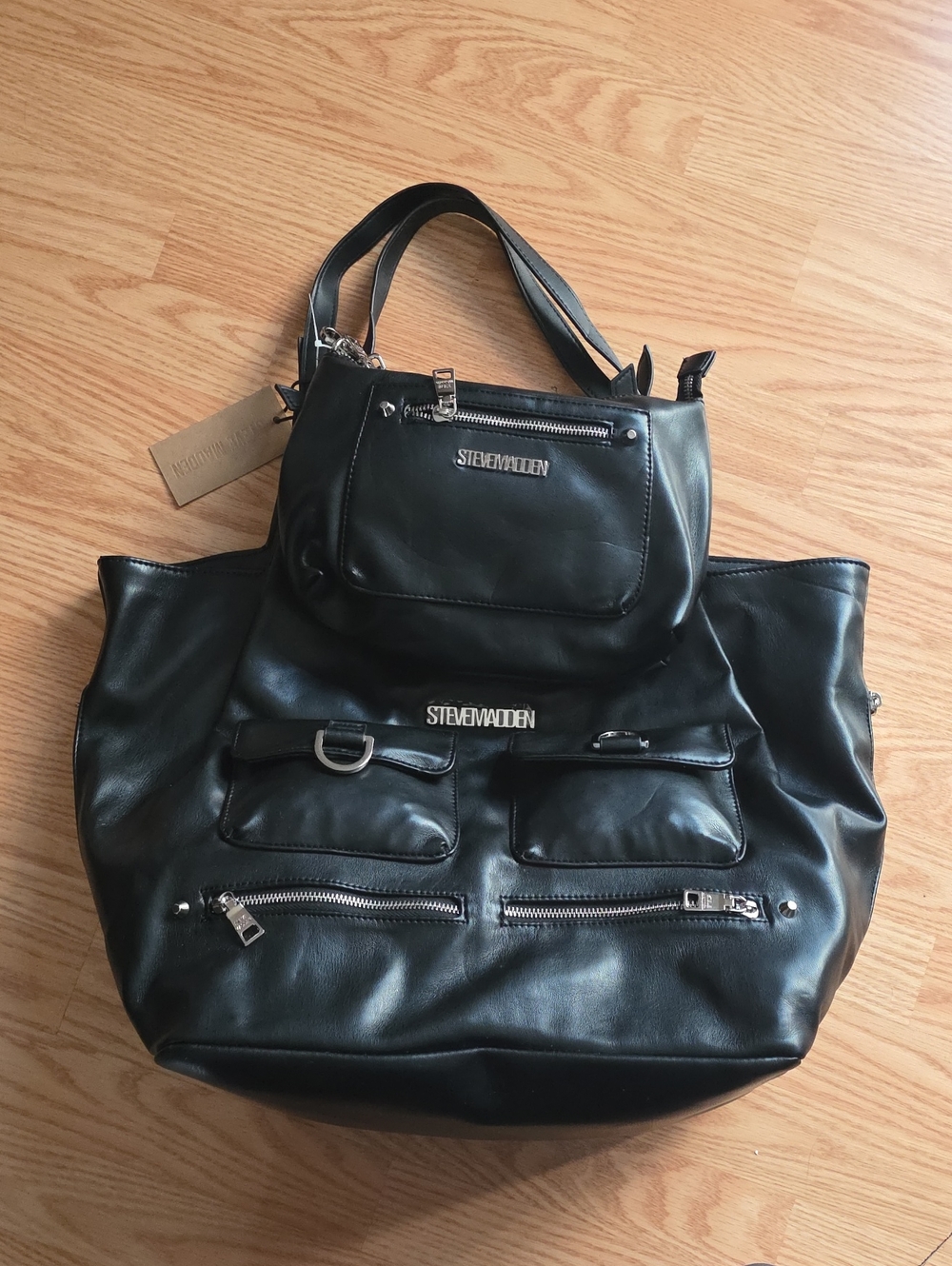 Steve Madden Black Faux Leather Tote with Crossbody Bag
